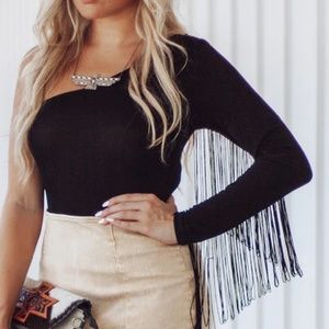 One Shoulder Bodysuit with Fringe